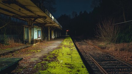 Abandoned train station at night, overgrown with moss.