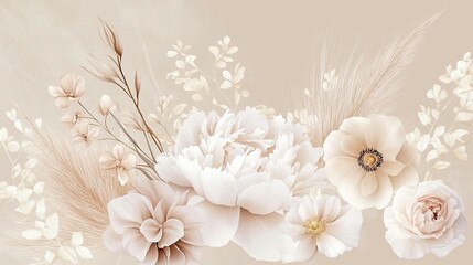 Neutral Floral Bouquet: A Serene Bohemian Art Print