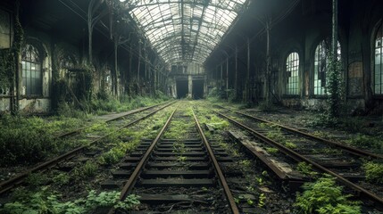 Abandoned train station overgrown with lush greenery.  Empty railway tracks lead into a decaying building.  Sunlight filters through the broken roof.  Nature reclaiming an industrial space.  Decayed m