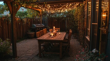 Fototapeta premium Cozy Outdoor Dining Area with String Lights and Candles at Dusk