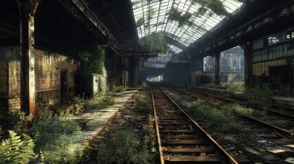 Abandoned train station overgrown with plants.