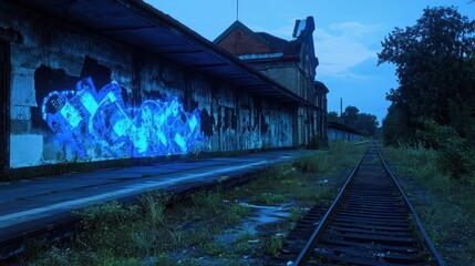 Abandoned train station platform at dusk, graffiti art illuminated by glowing blue light.