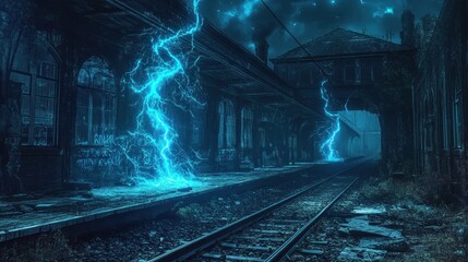 Abandoned train station platform at night illuminated by striking electric blue lightning bolts.