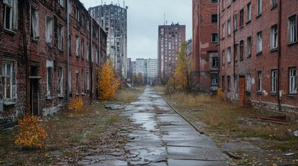 Abandoned urban alleyway, weathered brick buildings, cracked pavement, overcast sky, autumnal colors, overgrown, decaying.