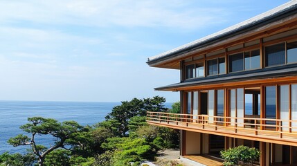 Fototapeta premium Modern Japanese House Overlooking Ocean and Lush Green Landscape