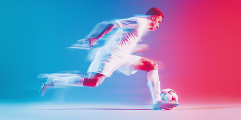 Soccer player in action with white ball, man in dynamic action with motion blur effects on a vibrant blue and red gradient background