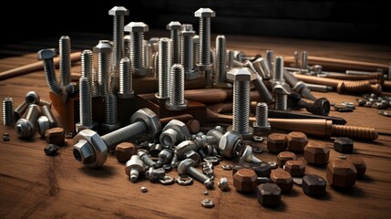 Fototapeta premium A photo of nuts and bolts on a workbench