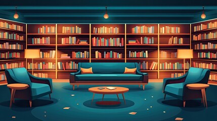Cozy library interior with bookshelves, sofa, armchairs, and coffee table.  Warm lighting creates a relaxing atmosphere. Scattered confetti adds a festive touch.