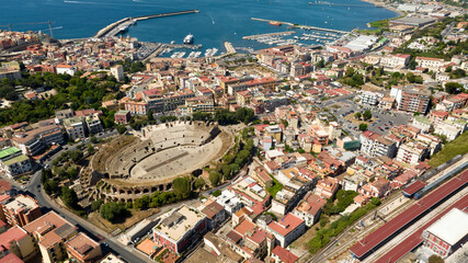 Aerial view of the Flavian Amphitheater, located in the historic center of Pozzuoli, near Naples,...