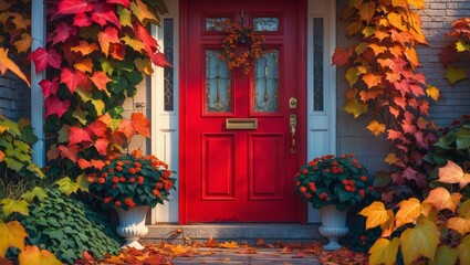 Red front door framed by autumn ivy in ottawa