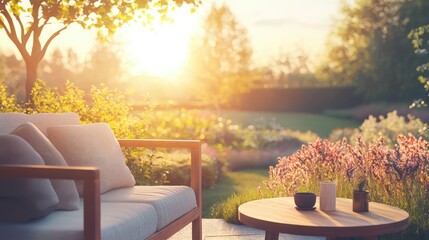 Fototapeta premium Serene Outdoor Garden with Cozy Seating and Beautiful Sunset View