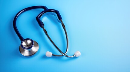 Medical stethoscope on blue background. Diagnostic medical equipment for healthcare professionals. Isolated object closeup on plain background. Healthcare instrument ready for use by doctors nurses.