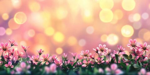 Fototapeta premium Dreamy pink flowers and lush green grass with magical glowing bokeh lights, enchanting floral landscape for spring or romantic themed backgrounds