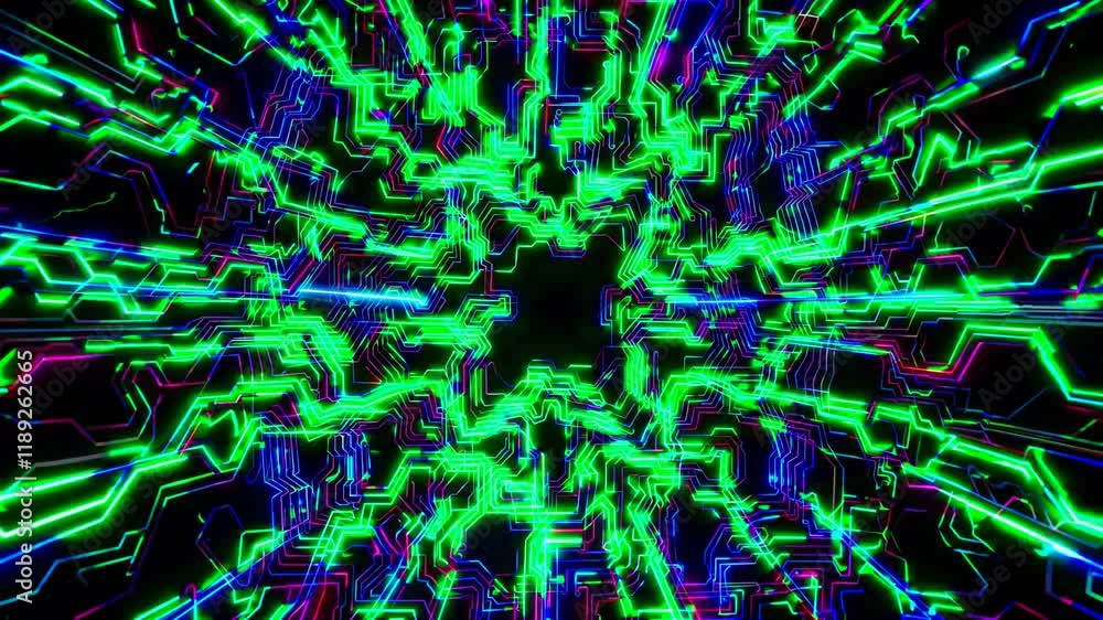 Poster vibrant digital abstract with neon colors, representing data streams and modern technology, perfect 