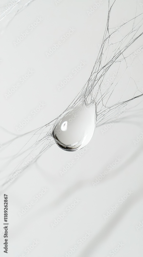Poster crystal clear water drop on delicate web threads in soft light