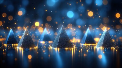 3D abstract neon triangles floating in space, glowing in electric green and blue.