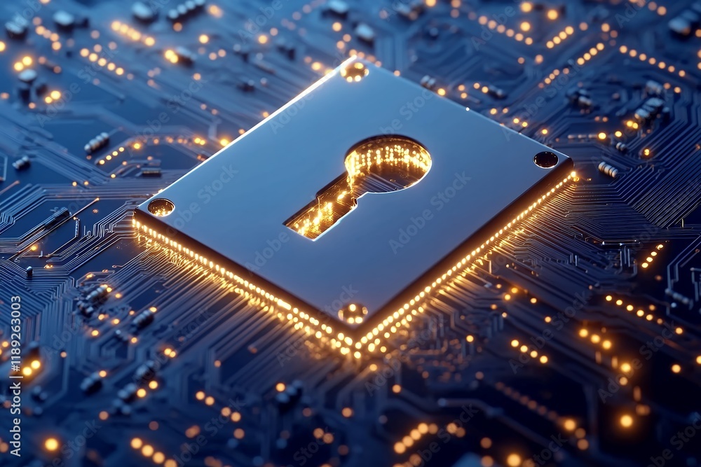 Poster digital keyhole on illuminated circuit board cybersecurity and data protection concept