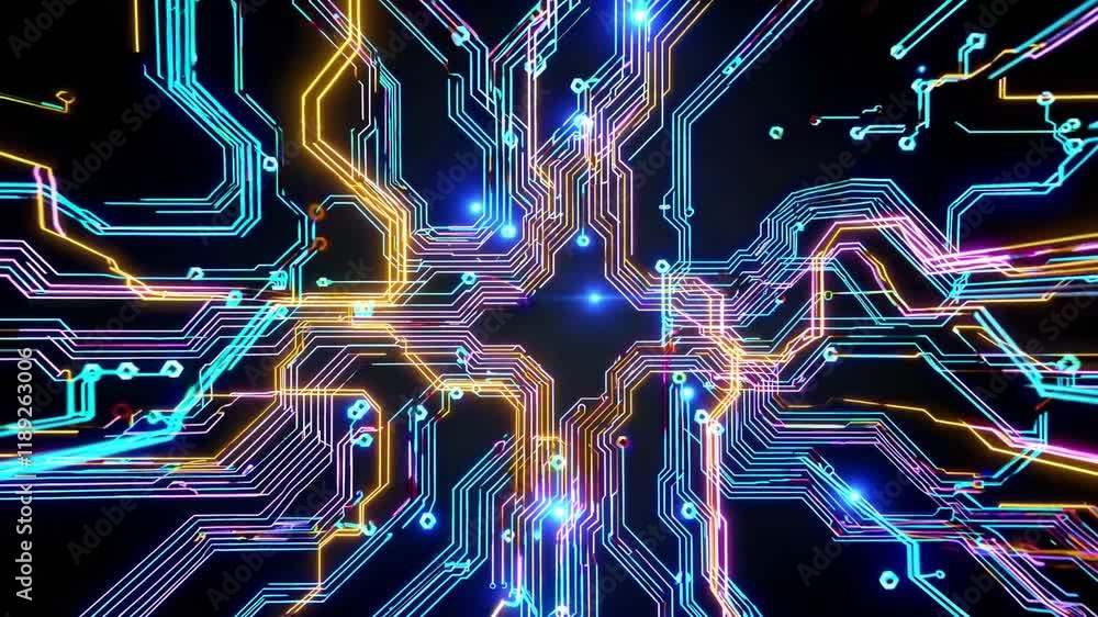 Poster abstract digital circuit pattern showcasing vibrant neon colors and intricate designs, representing 