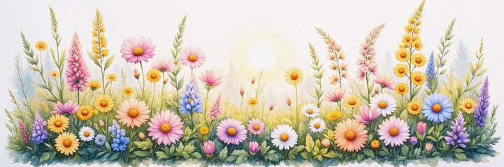 Fototapeta premium Watercolor wildflower meadow with vibrant blossoms and sunlight 