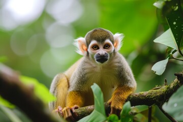 Obraz premium Squirrel monkey resting on a branch in the amazon rainforest amidst lush green foliage and dappled sunlight during a peaceful morning