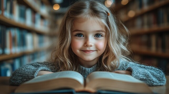 A smiling girl with blonde hair sits at a table in a library, leaning on an open book.