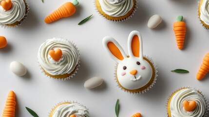 A flat lay of Easter-themed cupcakes decorated with bunny ears and carrots