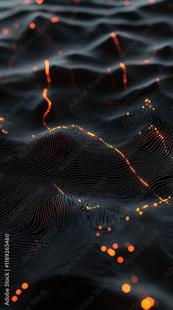 Poster abstract black wave pattern with glowing orange lines and dots