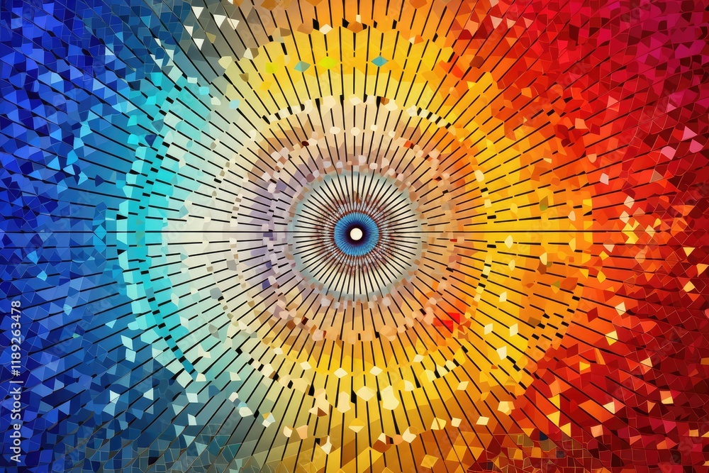 Poster exploring a vibrant and intricate pixelated mandala pattern featuring an array of colors radiating f