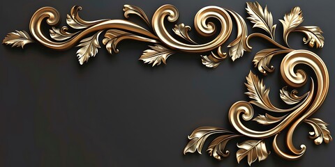 3D rendering of a golden corner decoration with swirls and leaf shapes.
