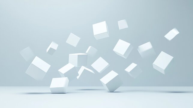 Fototapeta Abstract 3D white cubes levitating in a minimalist scene.