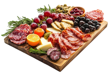  A wooden platter with a variety of meats and cheeses, including salami, ham, isolated on white background