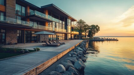 Fototapeta premium Modern Lakeside Resort at Sunset with Tranquil Water Reflection