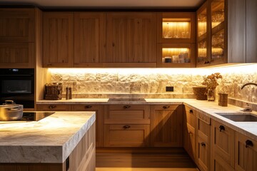 A kitchen with wooden cabinetry, stone countertops, and soft, natural lighting