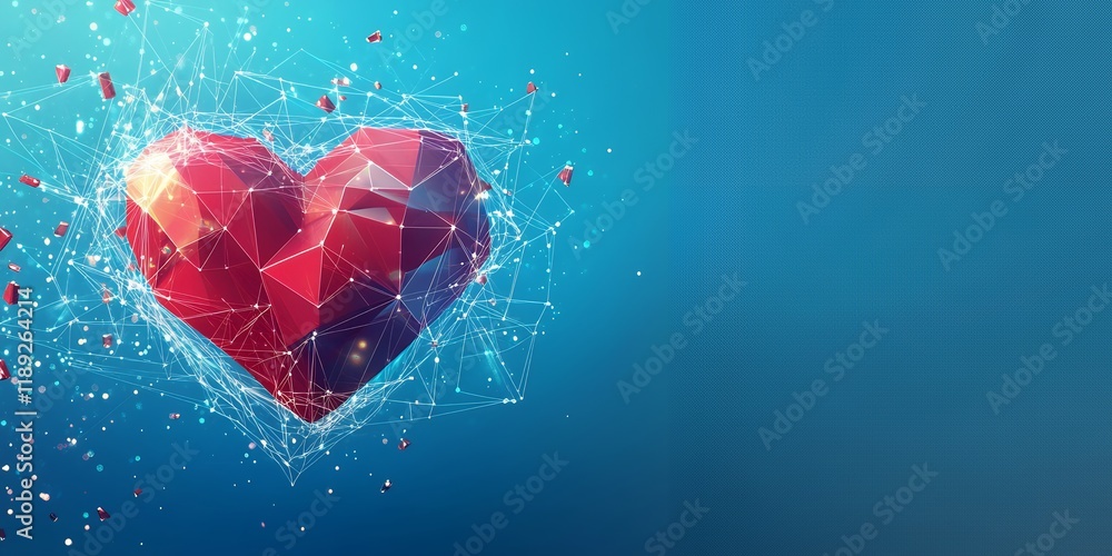 Poster abstract red polygonal heart shape with network connections on blue background