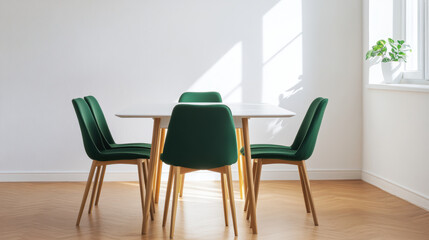 Minimalist dining room with green chairs and natural light