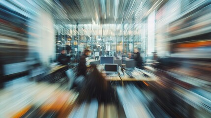 Fast-Paced Office Energy: A dynamic zoom effect captures the bustling energy of a modern office space, showcasing a team immersed in collaborative work.
