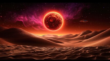 Exploring a distant planet with a fiery sun sci-fi landscape digital art desert environment dramatic viewpoint