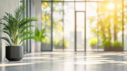 Fototapeta premium Sunlit interior with plant: a modern interior bathed in sunlight, featuring a large potted plant, creating a sense of freshness and serenity.