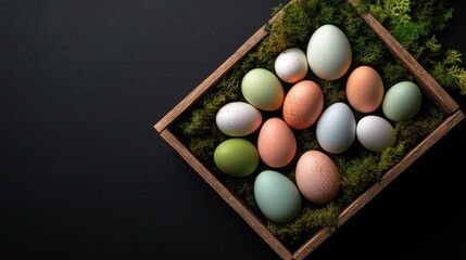 A top view of a rustic wooden crate filled with colorful eggs and moss