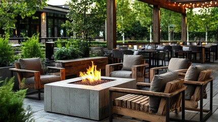 Fototapeta premium Cozy Outdoor Seating Area Featuring Fire Pit and Greenery Decor