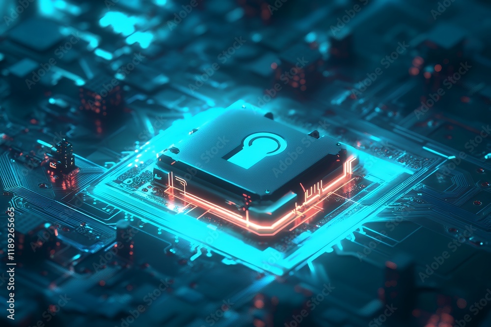 Poster futuristic technology glowing microchip with cybersecurity lock symbol on circuit board