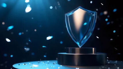 Glass shield award on dark background with confetti.