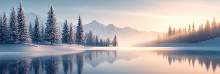 Fototapeta premium Beautiful majestic landscape with snow covered forest and lake