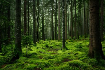 Fototapeta premium a natural landscape of dense forest with large trees, forest plants and botanical diversity during day time.