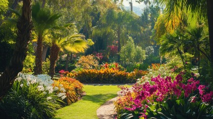 Obraz premium Lush tropical garden path with vibrant flowers and palm trees on a sunny day.