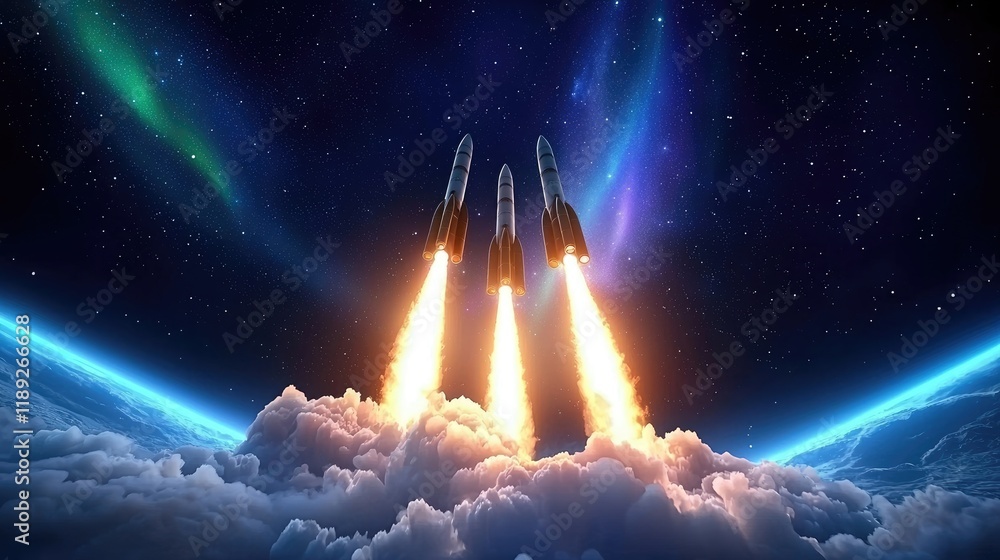 Poster rocket launch event in space stunning visuals cosmic environment aerial perspective science and tech