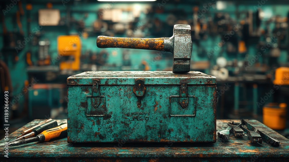 Poster a vintage toolbox with a hammer and tools, set in a workshop environment.