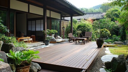 Tranquil Zen Garden with Wooden Deck and Lush Greenery Near Home