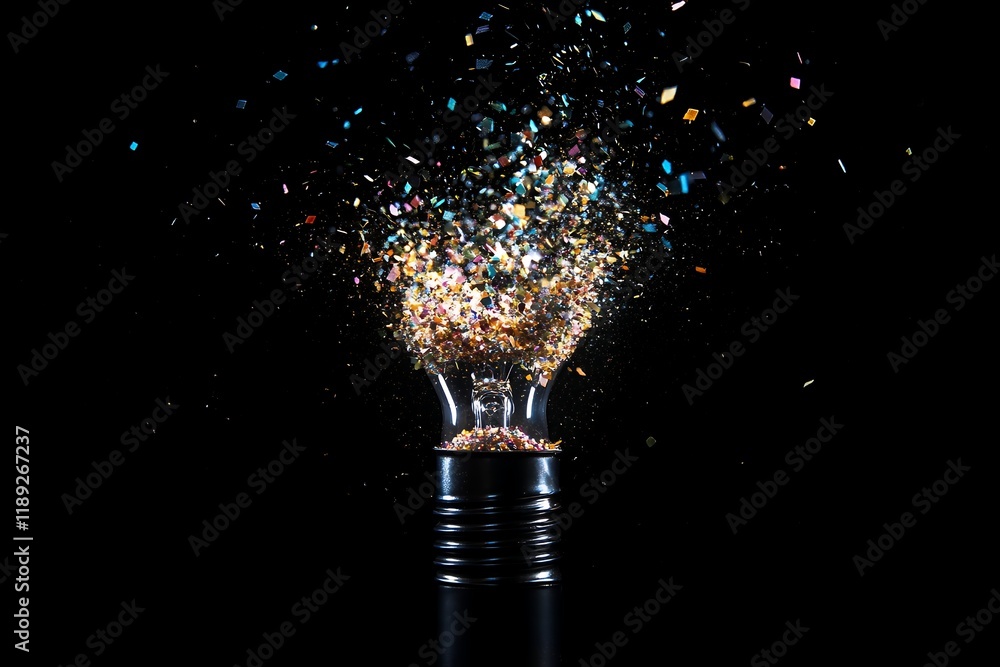 Poster exploding lightbulb with colorful confetti creative idea concept bright spark