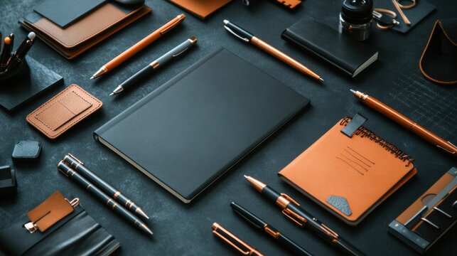 Elegant black and orange stationery items arranged neatly on a desk, including notebooks, pens, and accessories for an organized workspace.